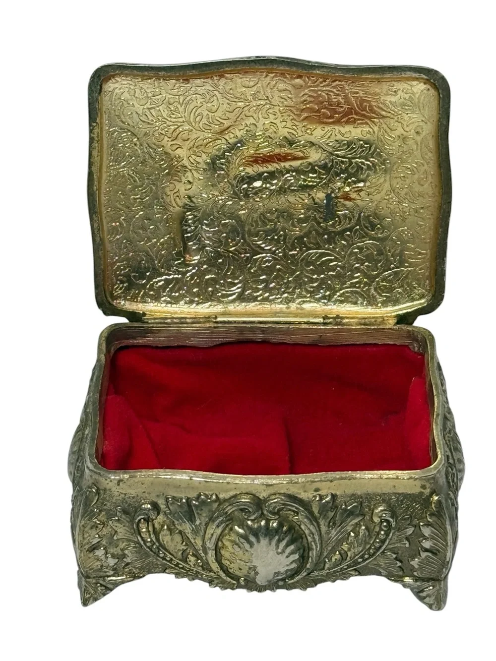 Vintage Repousse Metal Enamel Trinket Jewelry Box Courting Couple Made in Japan